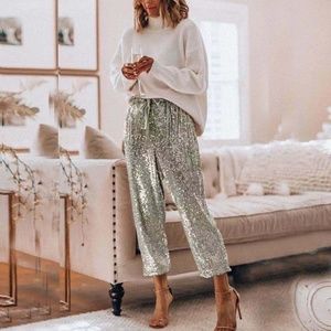 Silver Sequin Drawstring Crop Trousers sz xl waist 27.1”rise 9” inseam 32”